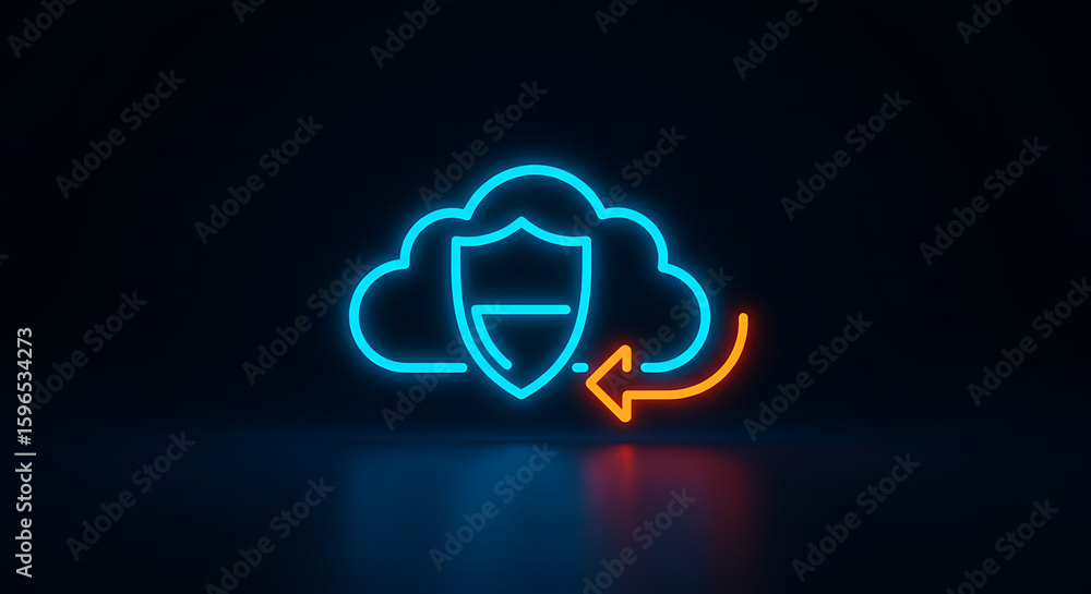 Poster cybersecurity cloud shield: a glowing neon illustration of a cloud with a protective shield and an a