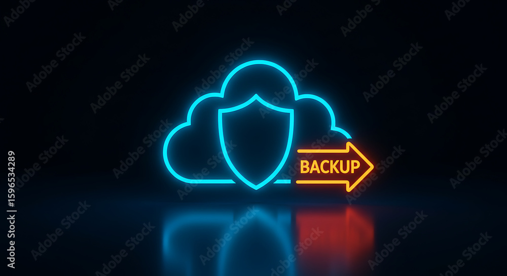Poster cloud backup security: a neon-lit cloud and shield symbol representing secure digital backup solutio