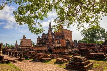 View of Wat Mahathat temple in Sukhotai Historical Park, Thailand in daylight