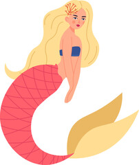 Mythical sea creature mermaid with flowing blond hair and coral decorations, gracefully swimming underwater with a vibrant pink scaled fishtail and elegant caudal fin