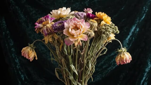 A bouquet of wilting flowers against a dark teal backdrop