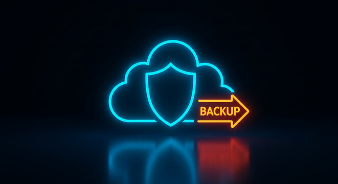 Cloud Backup Security: A neon-lit cloud and shield symbol representing secure digital backup solutions glows vividly against a dark backdrop, symbolizing data protection and accessibility. 