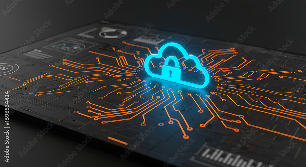 Poster secure cloud data: a futuristic, technologically advanced depiction showcasing a glowing cloud icon 