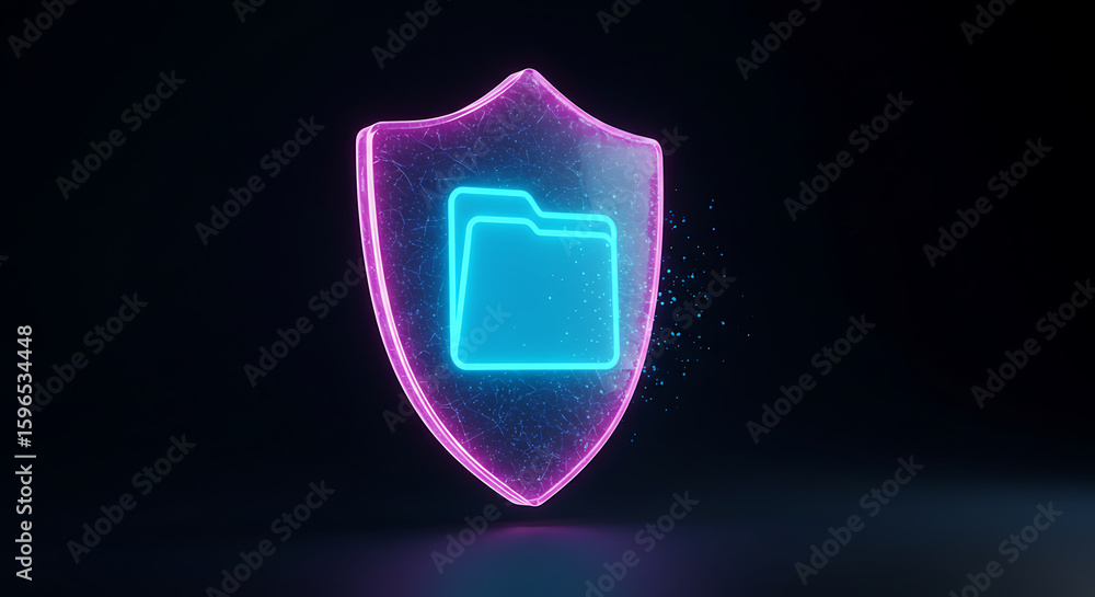 Poster cybersecurity shield: a glowing neon shield encapsulates a digital folder, symbolizing the protectio