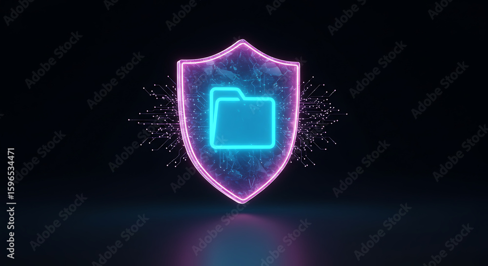 Poster digital fortress: an abstract, illuminated depiction of a digital shield protecting a file folder, e