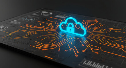 Secure Cloud Data: A futuristic, technologically advanced depiction showcasing a glowing cloud icon with a padlock overlaying intricate circuits, symbolizing data security, on a sleek, dark backdrop.