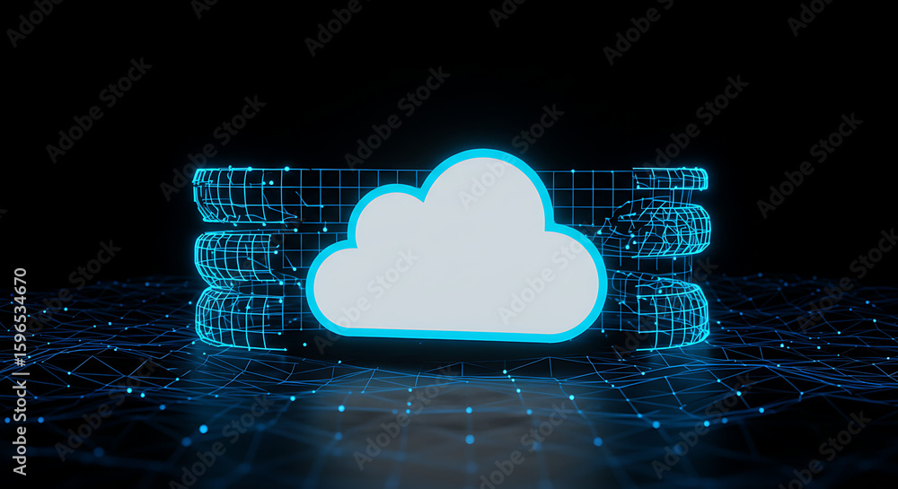 Poster cloud computing: digital cloud computing symbol illuminated against a futuristic network backdrop, r