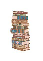 Group of several books stacked on top of each other illustration. Book clipart without background. Isolated reading sticker