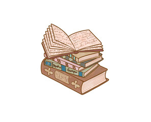Group of several books stacked on top of each other illustration. Book clipart without background. Isolated reading sticker