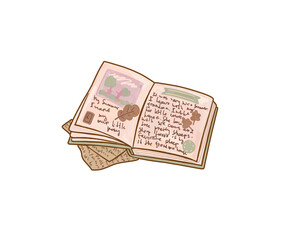 Open book with text on pages illustration. Book clipart without background. Isolated reading sticker