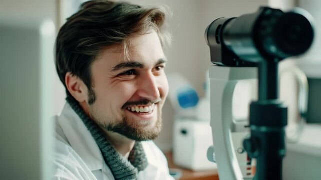 A person reviewing an eye chart with a smile, suitable for medical or optical contexts