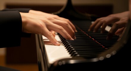 Obraz premium Pianist's Hands Gracefully Playing Keys on Grand Piano in Warm Light