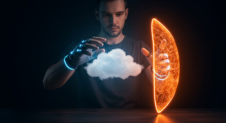 Cloud Technologies: A man uses augmented reality to interacts with a cloud and a glowing shield, showcasing the power of cloud computing and security.