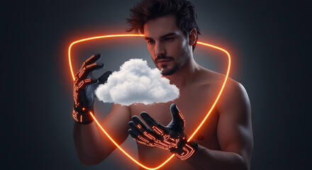 Conceptual Technology Visualization: A shirtless figure with a beard, wearing technological gloves, is holding a puffy cloud inside a glowing shield, representing technology in the cloud. 