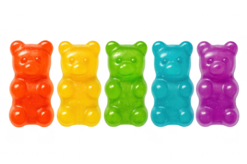 Five colorful gummy bears standing in a row on transparent background