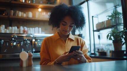 Curly haired African woman is using her cellphone while sitting at a cafe counter