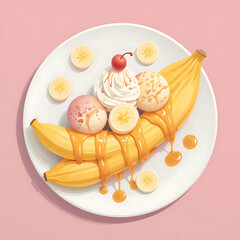 Illustration of a Banana Split with Multiple Ice Cream Scoops and Toppings