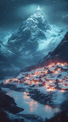 Cozy village nestled beside a calm river under a majestic snowcovered mountain range glows warmly