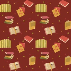 Seamless Pattern with Books and Autumn Elements on Warm Burgundy Background