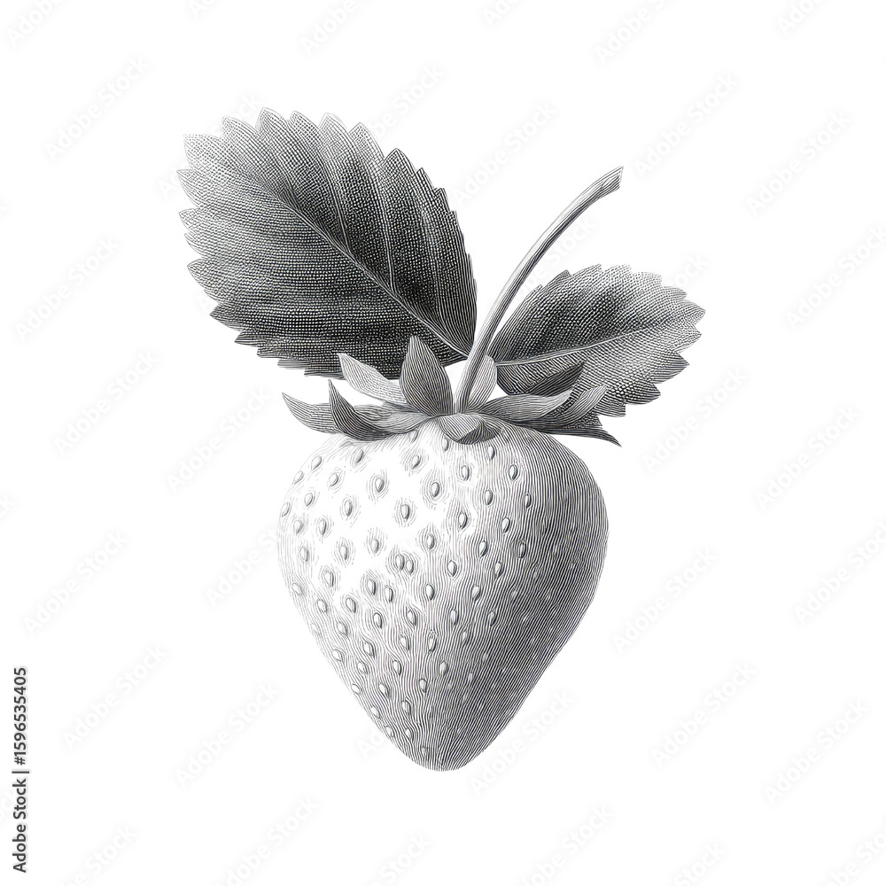 Aufkleber realistic 3d rendering of a single strawberry with detailed leaves and textured surface in monochrom