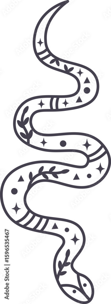 Poster mystical snake decorated with floral and geometric patterns, forming an elegant and sinuous composit