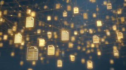 Abstract network grid with files and folders, futuristic software interface, digital document management system, store, search and organize documents, corporate business, paperless office