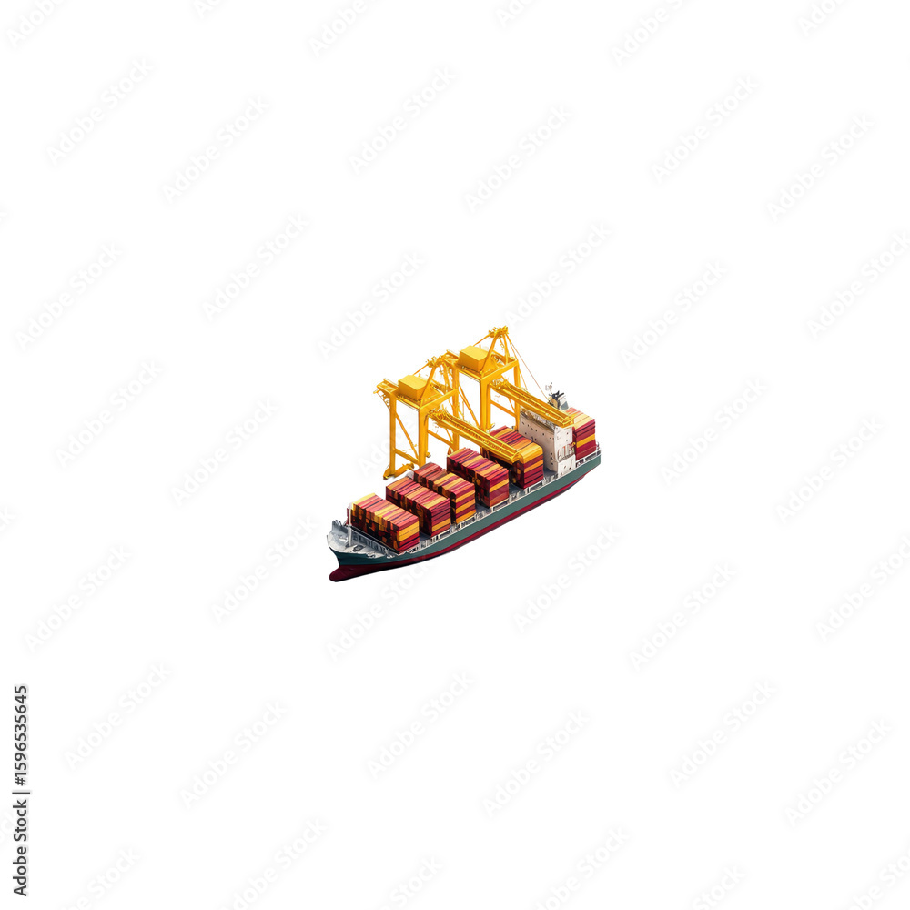 Poster container ship at dock with crane loading cargo in a busy port environment