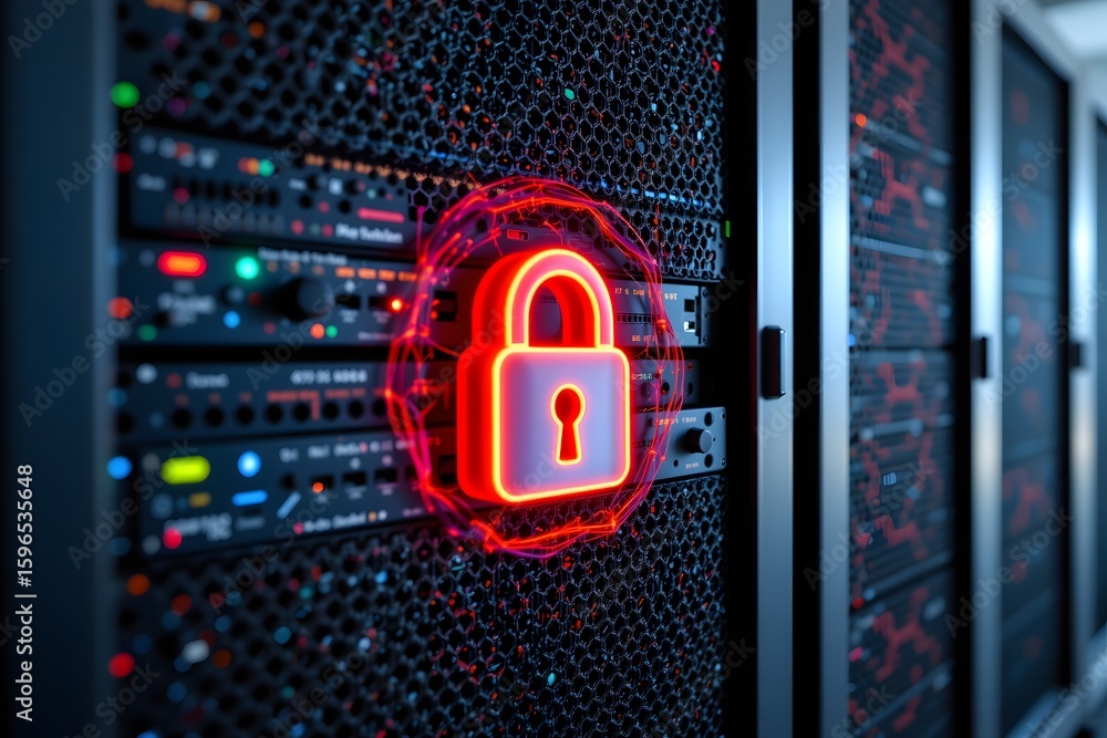 Poster digital fortress: secure servers protected by a vibrant digital padlock icon, symbolizing the core o