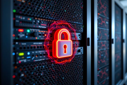 Digital Fortress: Secure servers protected by a vibrant digital padlock icon, symbolizing the core of cybersecurity