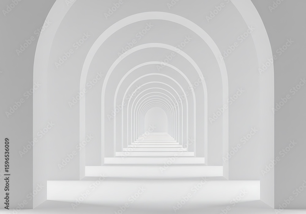 Poster endless white archway corridor receding into the distance, creating a sense of depth and perspective