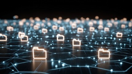 Obraz premium Abstract network grid with files and folders, futuristic software interface, digital document management system, store, search and organize documents, corporate business, paperless office