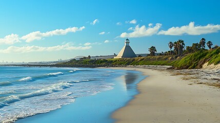 Coastal shows waves meeting sandy beach near pyramid shaped lighthouse and palm trees