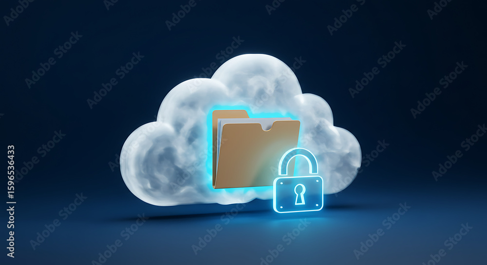Aufkleber secure cloud storage: a digital rendition of a cloud embracing a golden folder icon, guarded by a pa