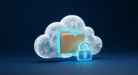 Secure Cloud Storage: A digital rendition of a cloud embracing a golden folder icon, guarded by a padlock, signifying secure data storage and protection.