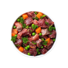 Fototapeta premium Fresh raw diced meat with green peas, carrots, and parsley in a white bowl ready for cooking