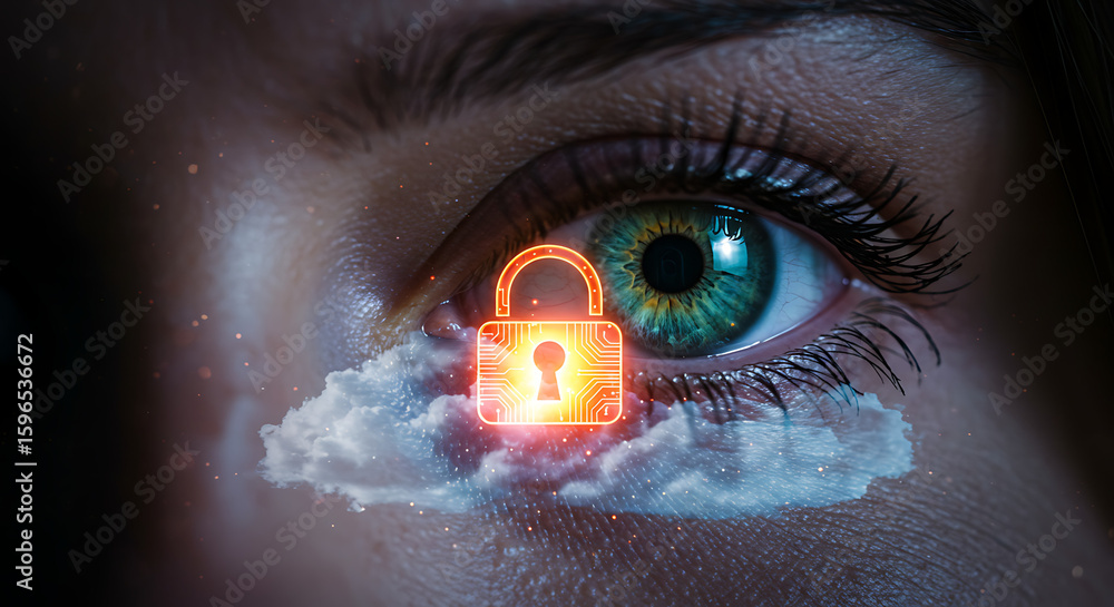 Poster secure vision: close-up of an eye with a digital lock overlayed, symbolizing data security and cloud