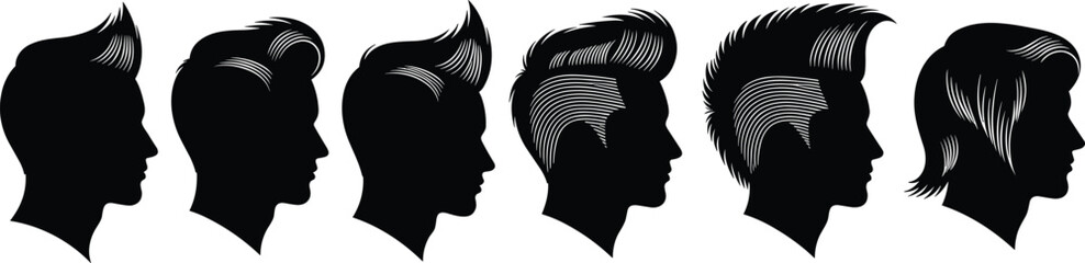 Men's hairstyle silhouette collection, trendy haircut designs, side profile hair illustrations, barber shop vector art, stylish grooming concept, fashion
