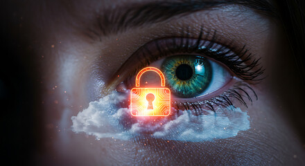 Secure Vision: Close-up of an eye with a digital lock overlayed, symbolizing data security and cloud protection. Reflecting the concepts of safety and privacy