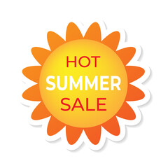 Hot summer sale. Sticker of the summer sale. The sun with the text. An advertising offer.