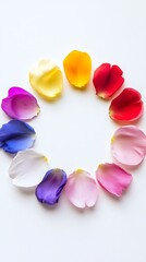 Circular Array of Rose Petals in Diverse Colors on a White Background