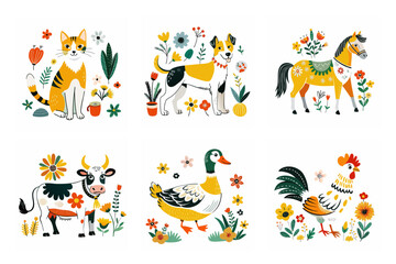 Whimsical Animal Set Illustrations: Cat, Dog, Horse, Cow, Duck, Rooster with Floral Patterns
