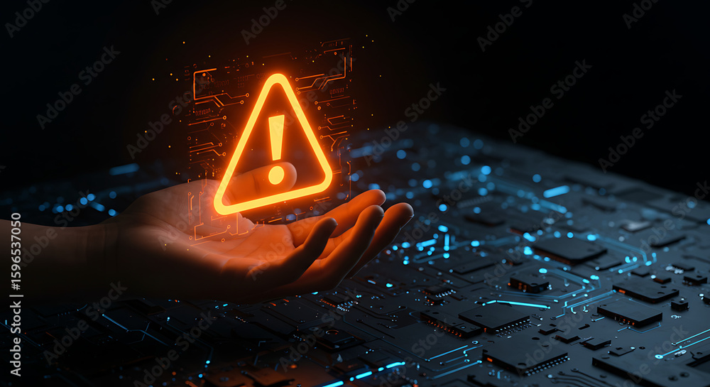 Poster digital alert: a futuristic depiction of an open hand cradling a glowing digital warning symbol, set