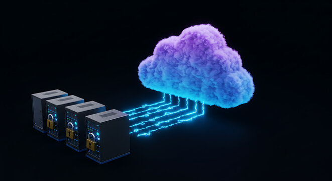 Cloud Computing & Data Security: A vibrant depiction of secure digital infrastructure, showcasing a fluffy cloud connected to secure servers.