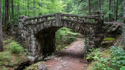 Stone arch bridge spanning a forest trail, nestled within lush greenery.  Ancient, mossy stones create a serene, natural scene