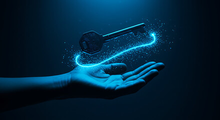 Illuminated Key: A glowing key floats above an open hand, symbolizing access, opportunity, and the unlocking of potential. The ethereal, futuristic design hints at the possibilities of the future.