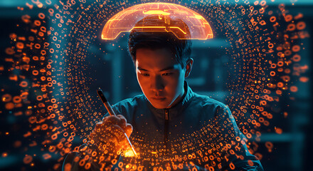 Digital Innovation: An Asian man with a futuristic view. A man is working on a digital innovation, and this image shows an atmosphere of modern technology, digital innovation and creative thinking.