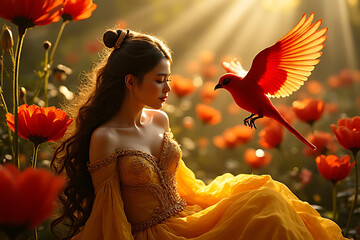 A beautiful woman in a golden dress sits in a field of orange poppies as a red bird flies nearby in a magical garden