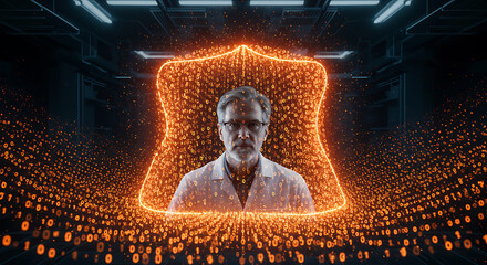 The Scientist: A knowledgeable scientist stands surrounded by a bright, orange, shield-shaped field, his gaze reflecting intelligence and authority within a high-tech laboratory environment.