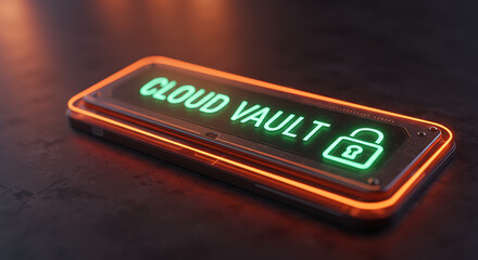 Cloud Vault Secured: A modern depiction of a digital cloud vault with glowing green text and a secure padlock icon, set against a sophisticated dark backdrop.