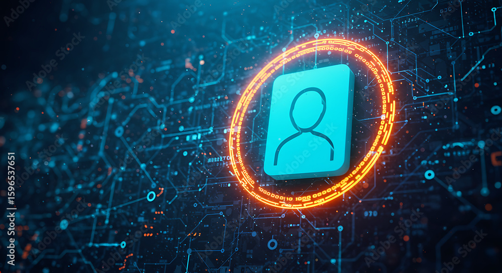 Poster digital identity: an illuminated digital representation of a person within a glowing circular frame 